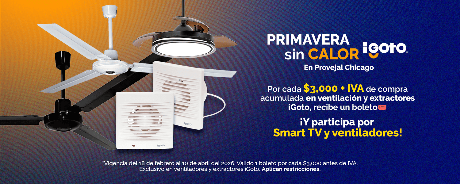 Promoción de ventiladores y extractores iGoto. Banner publicitario que ofrece boletos para el sorteo de 6 ventiladores por compras acumuladas de $3,000 MXN más IVA. La imagen destaca modelos de ventiladores de techo y extractores de aire residenciales sobre un fondo azul y naranja con textura de puntos.